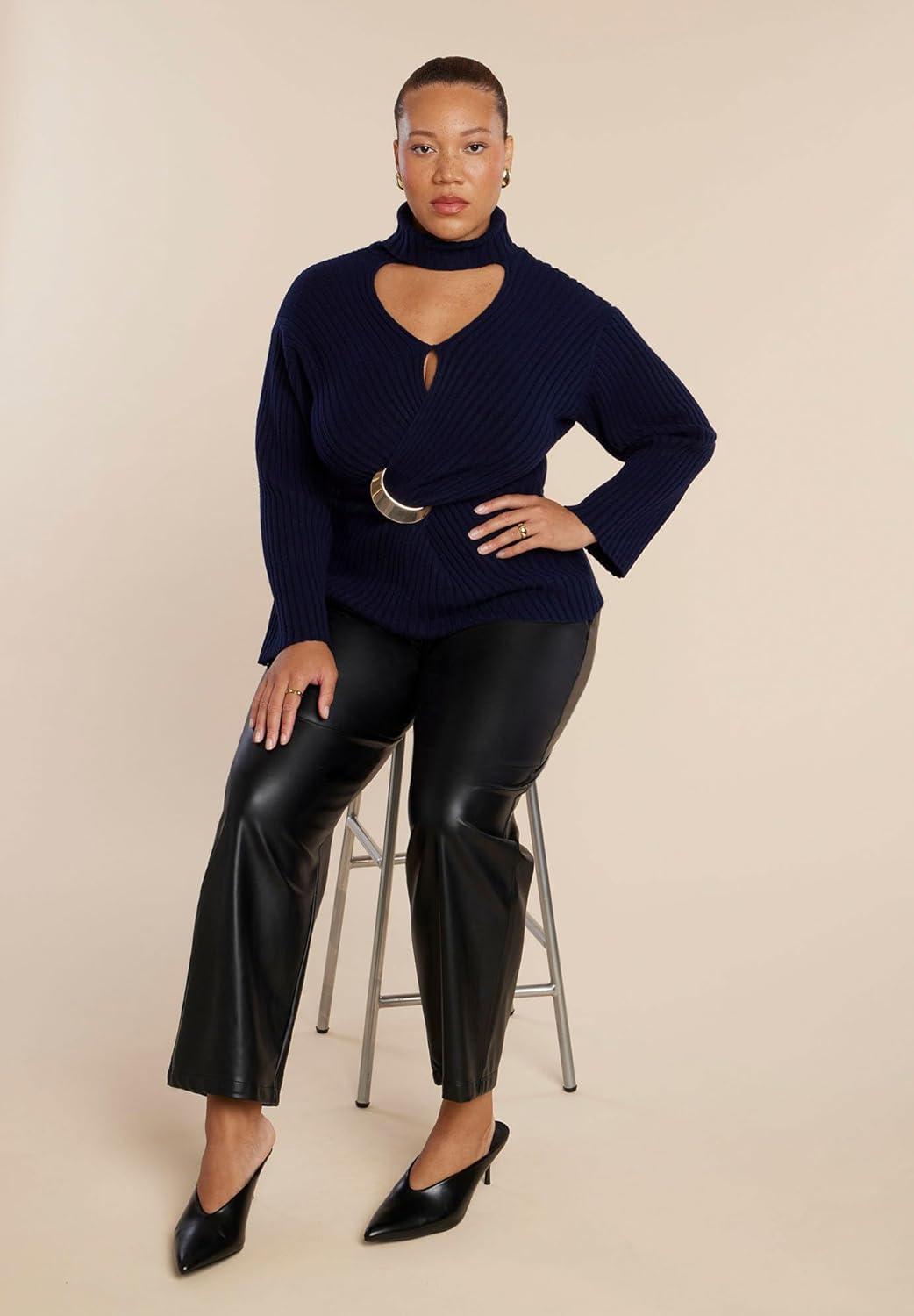 imageELOQUII Womens Plus Size Tall Faux Leather Pintuck Straight Leg PantBlack Onyx