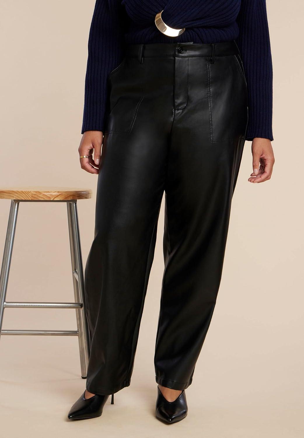 imageELOQUII Womens Plus Size Tall Faux Leather Pintuck Straight Leg PantBlack Onyx