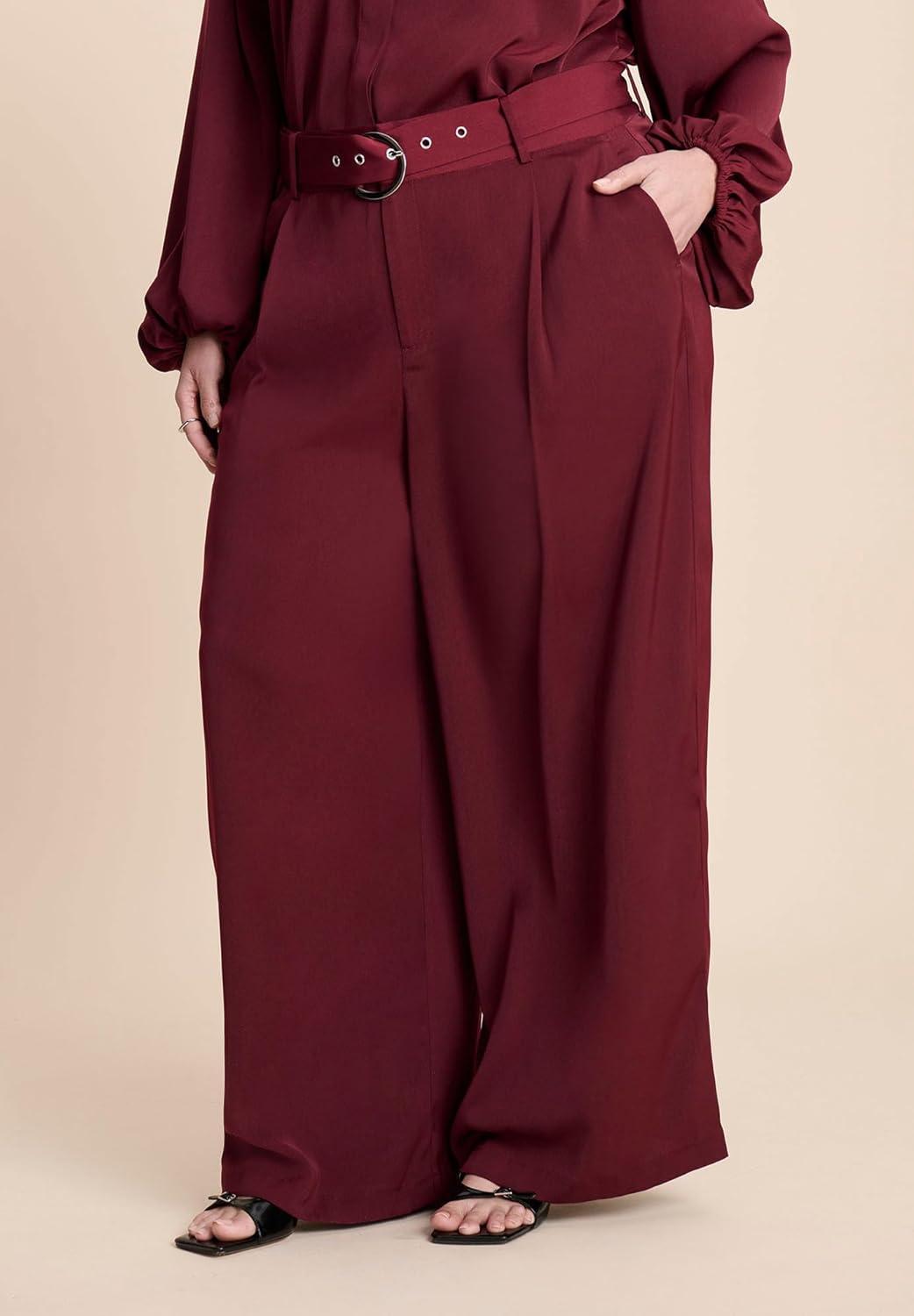 imageELOQUII Womens Plus Size Wide Leg Belted PantZinfandel