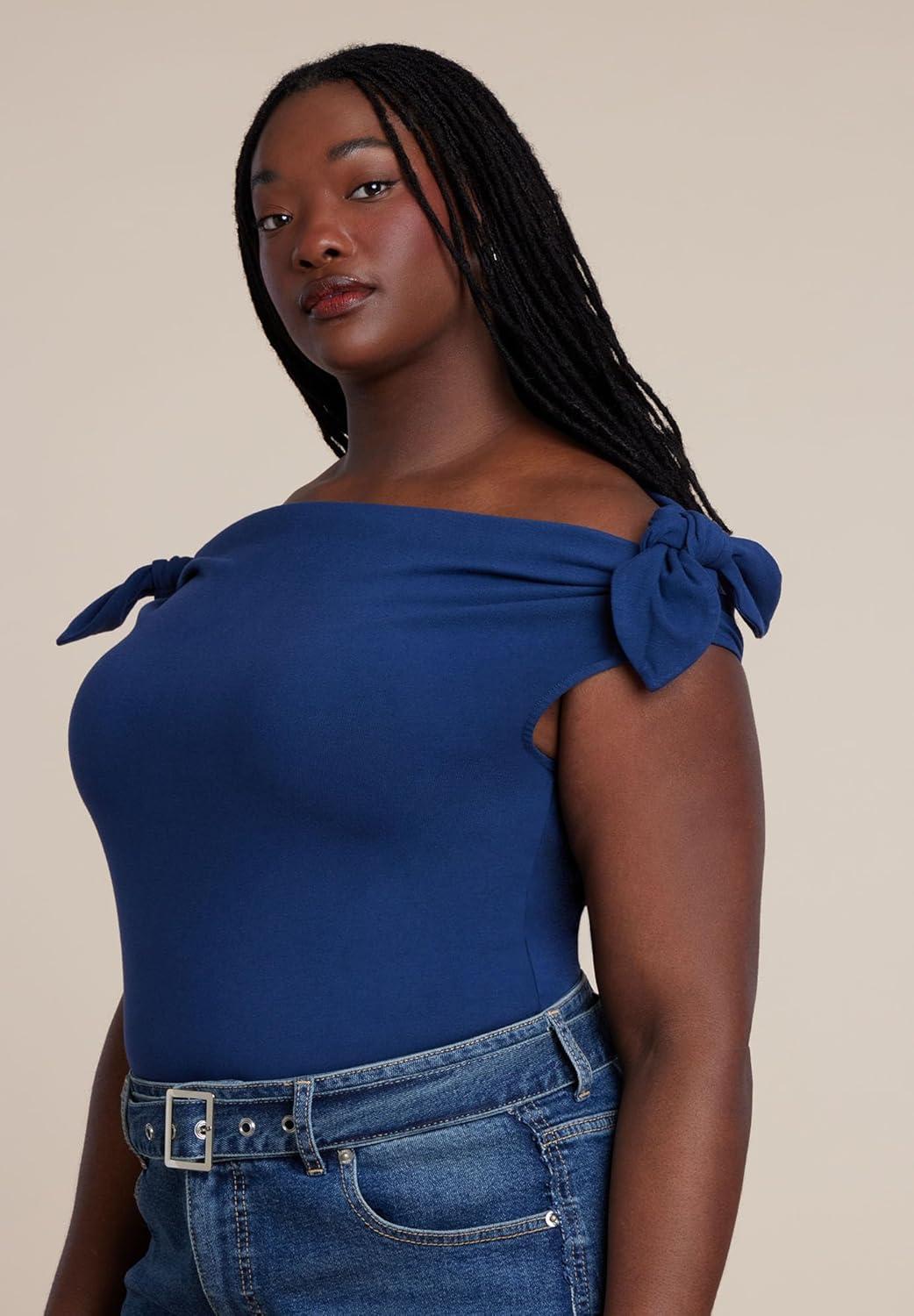 imageELOQUII Womens Plus Size Off Shoulder Top with TiesInsignia Blue