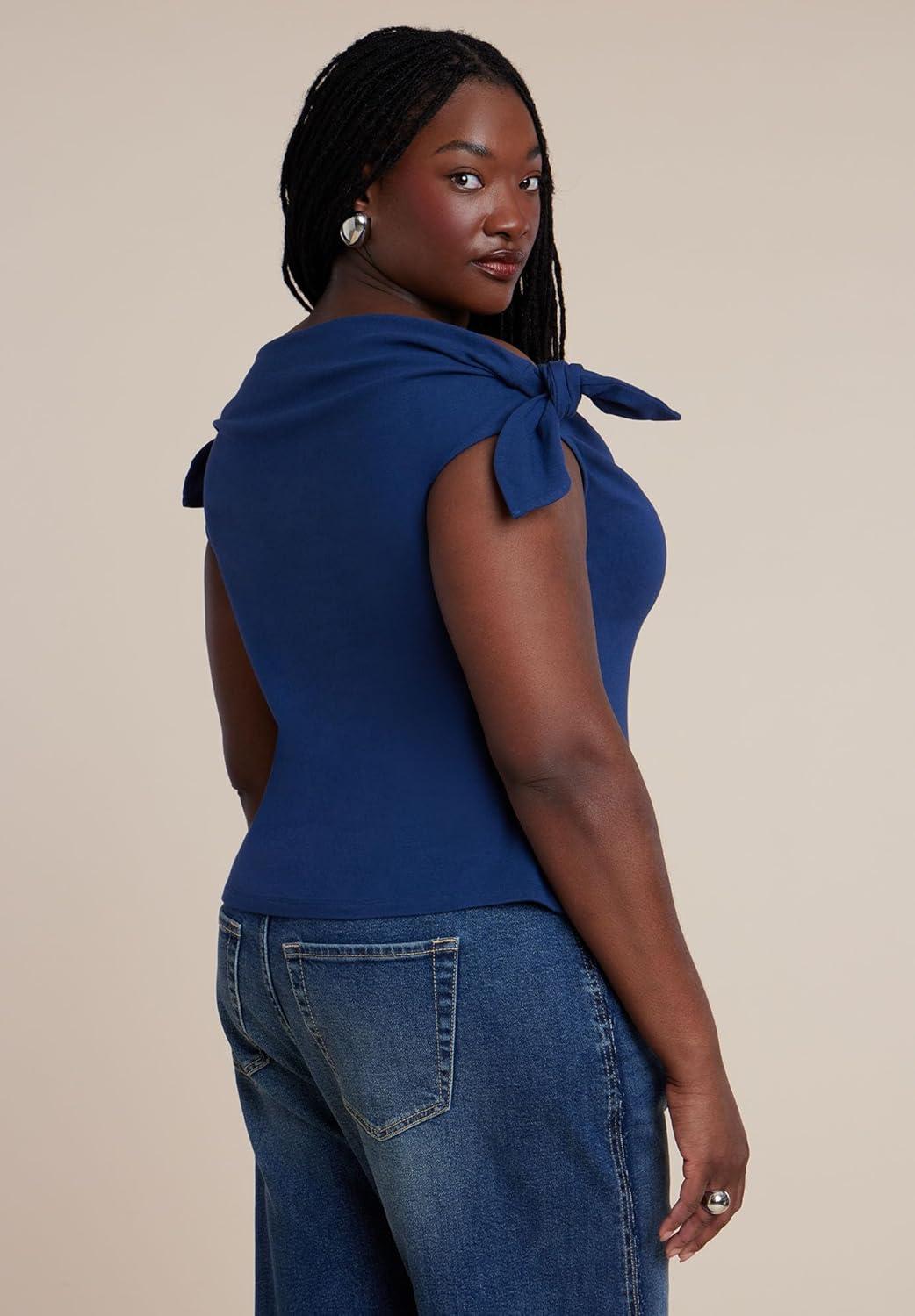 imageELOQUII Womens Plus Size Off Shoulder Top with TiesInsignia Blue