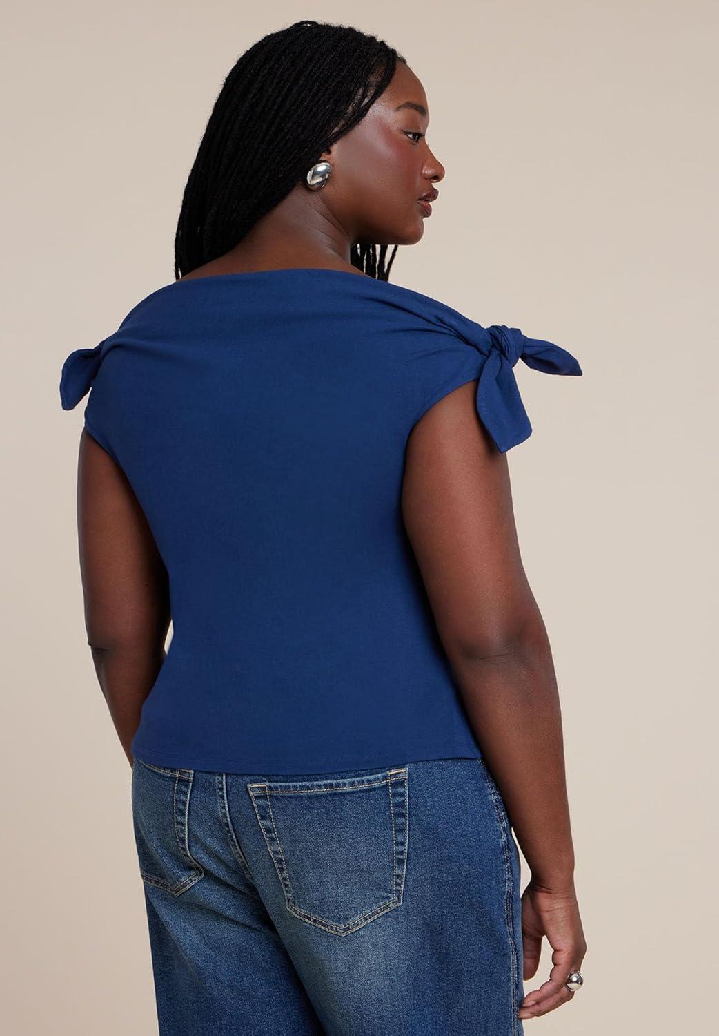imageELOQUII Womens Plus Size Off Shoulder Top with TiesInsignia Blue