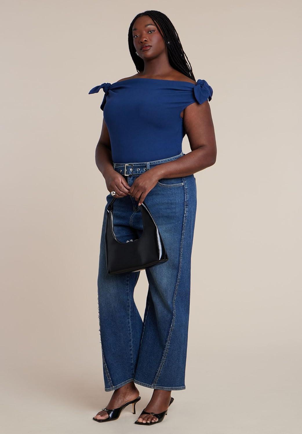 imageELOQUII Womens Plus Size Off Shoulder Top with TiesInsignia Blue
