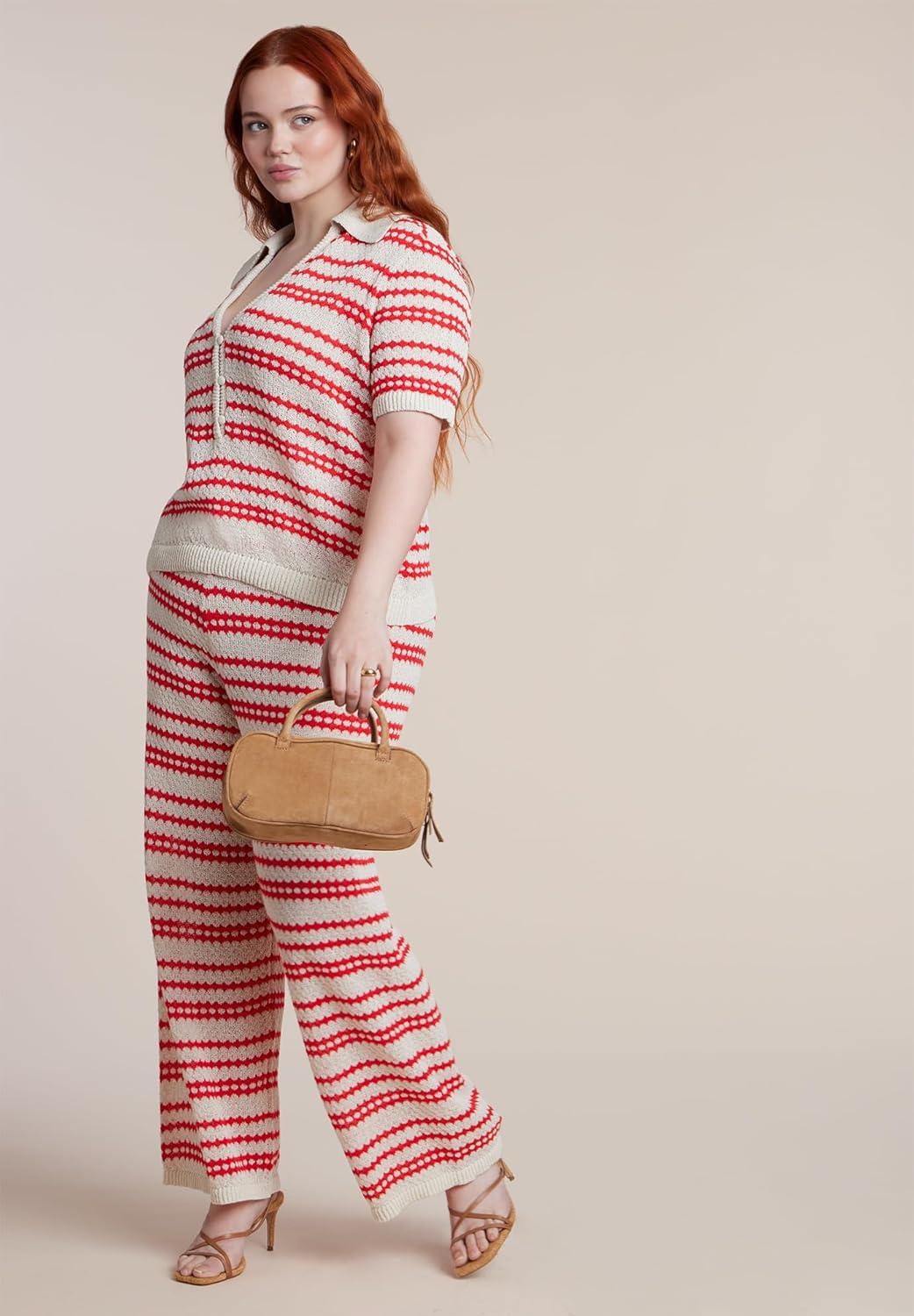 imageELOQUII Womens Plus Size Pointelle Stripe Boxy Sweater Top