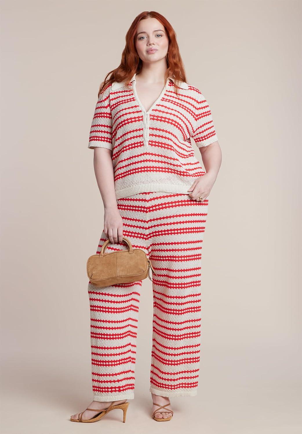 imageELOQUII Womens Plus Size Pointelle Stripe Boxy Sweater Top