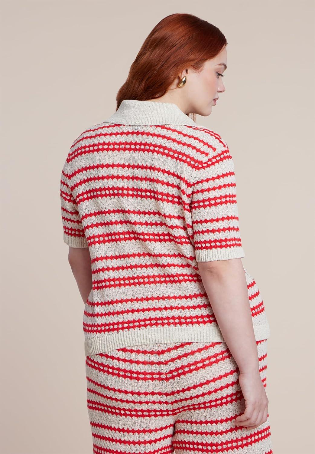 imageELOQUII Womens Plus Size Pointelle Stripe Boxy Sweater Top