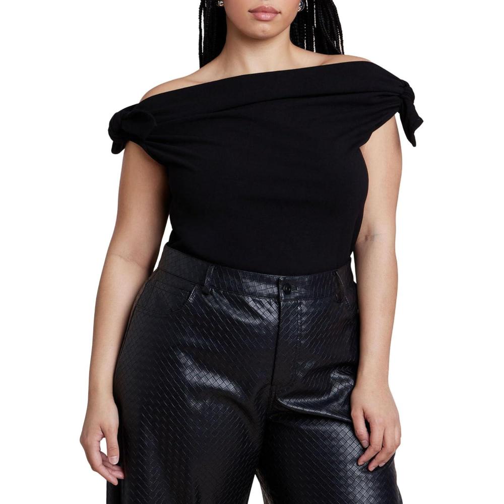 imageELOQUII Womens Plus Size Off Shoulder Top with TiesBlack Onyx