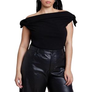 ELOQUII Women’s Plus Size Off Shoulder Top with Ties(Black Onyx)