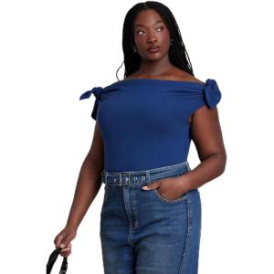 ELOQUII Women’s Plus Size Off Shoulder Top with Ties(Insignia Blue)