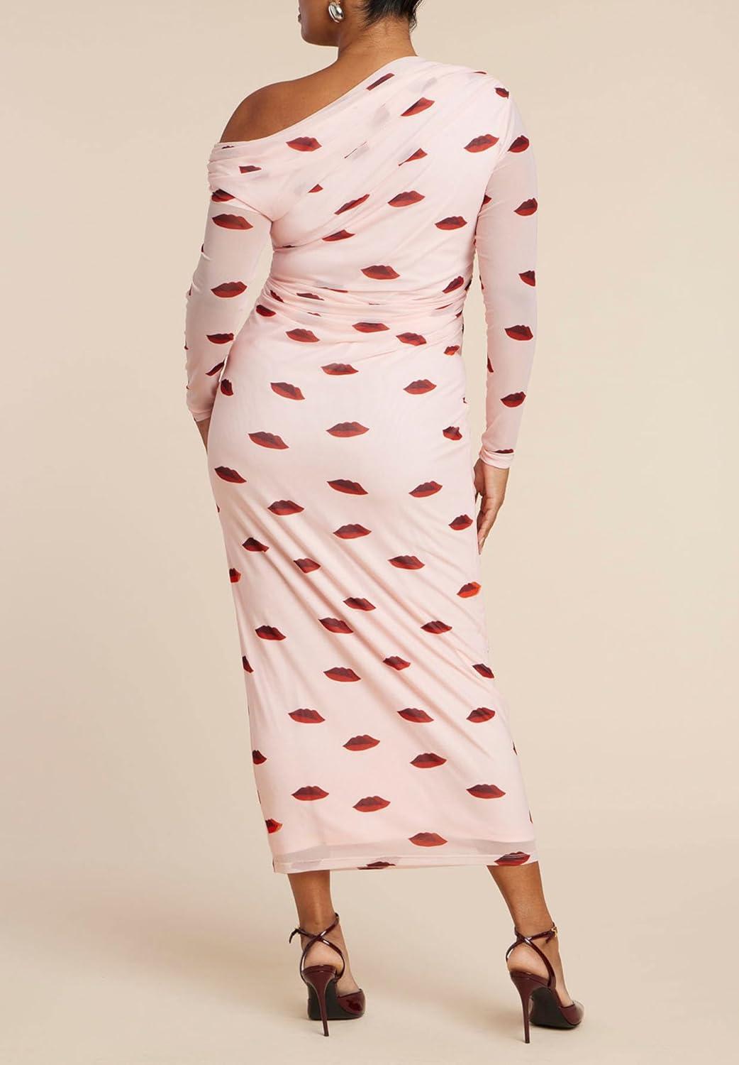 imageELOQUII Womens Plus Size Asym Neck Printed Mesh DressRouge Lvres