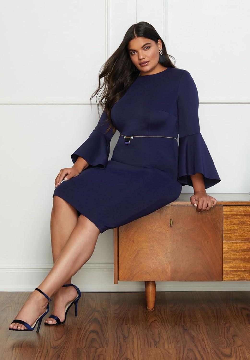 imageELOQUII Womens Plus Size Flare Sleeve Scuba DressWhite