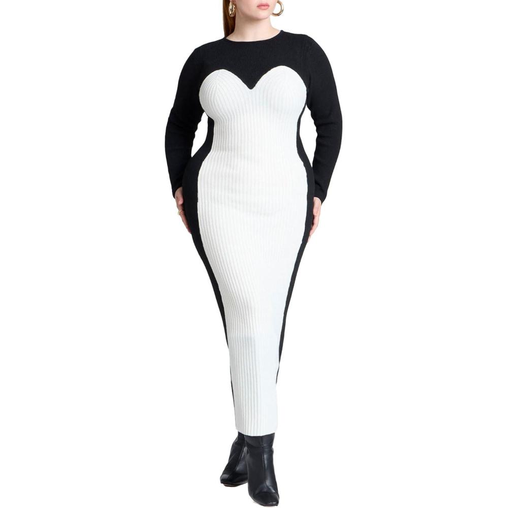 imageELOQUII Womens Plus Size Maxi Sweater Dress with ColorblockedBlack and White
