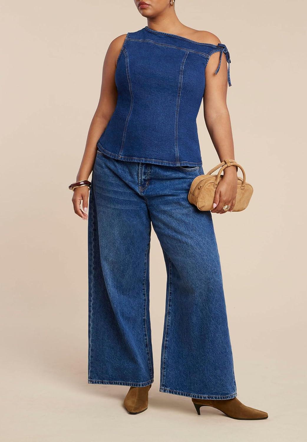 imageELOQUII Womens Plus Size Asym Denim TopMedium Wash