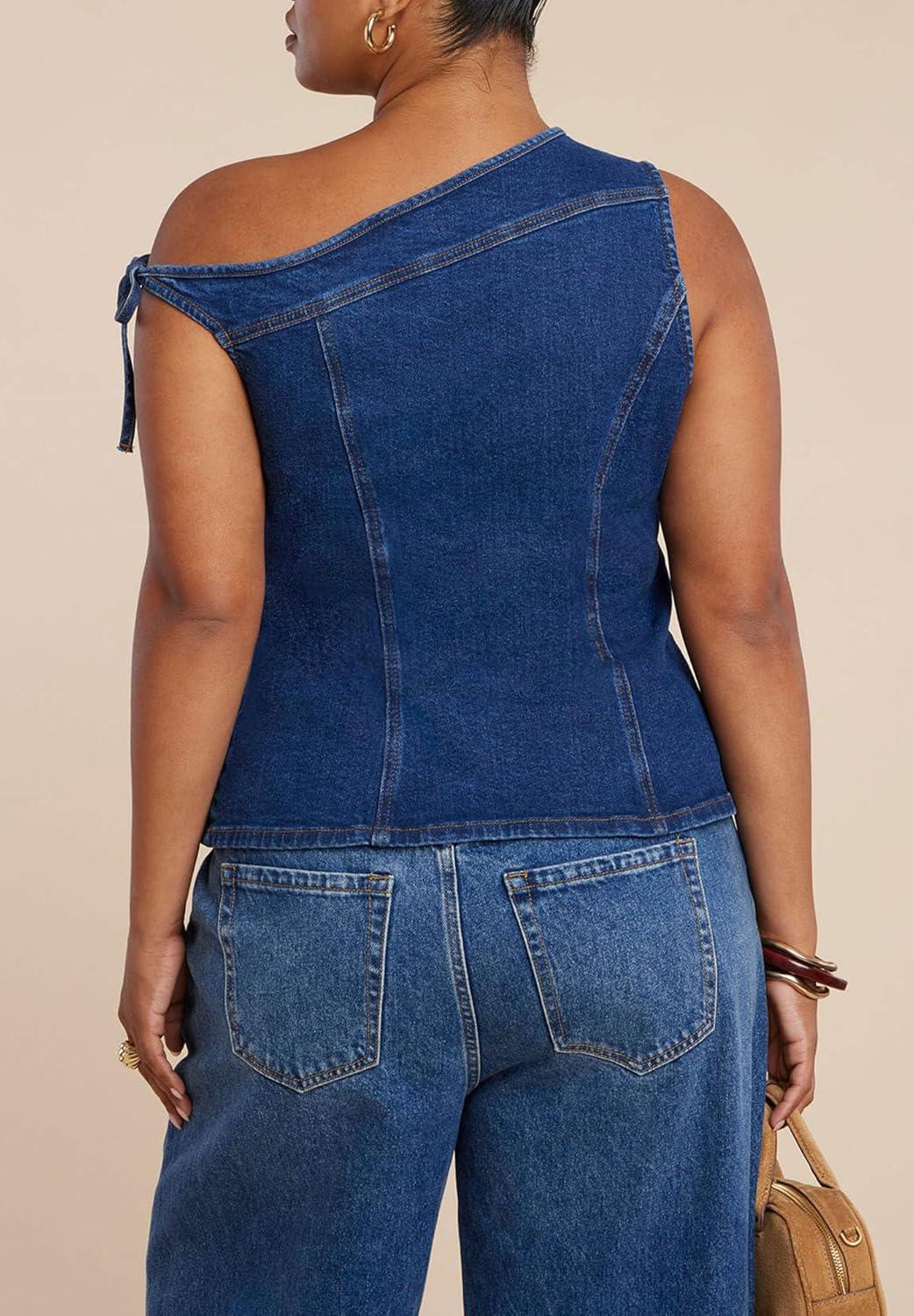 imageELOQUII Womens Plus Size Asym Denim TopMedium Wash