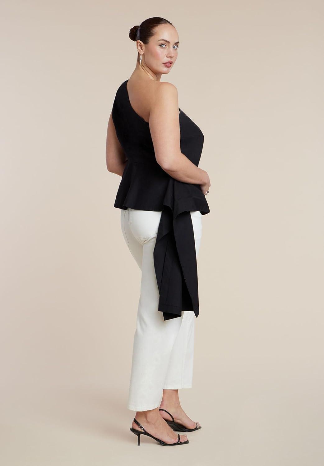 imageELOQUII Womens Plus Size Asymmetrical Top with FlounceBlack Onyx