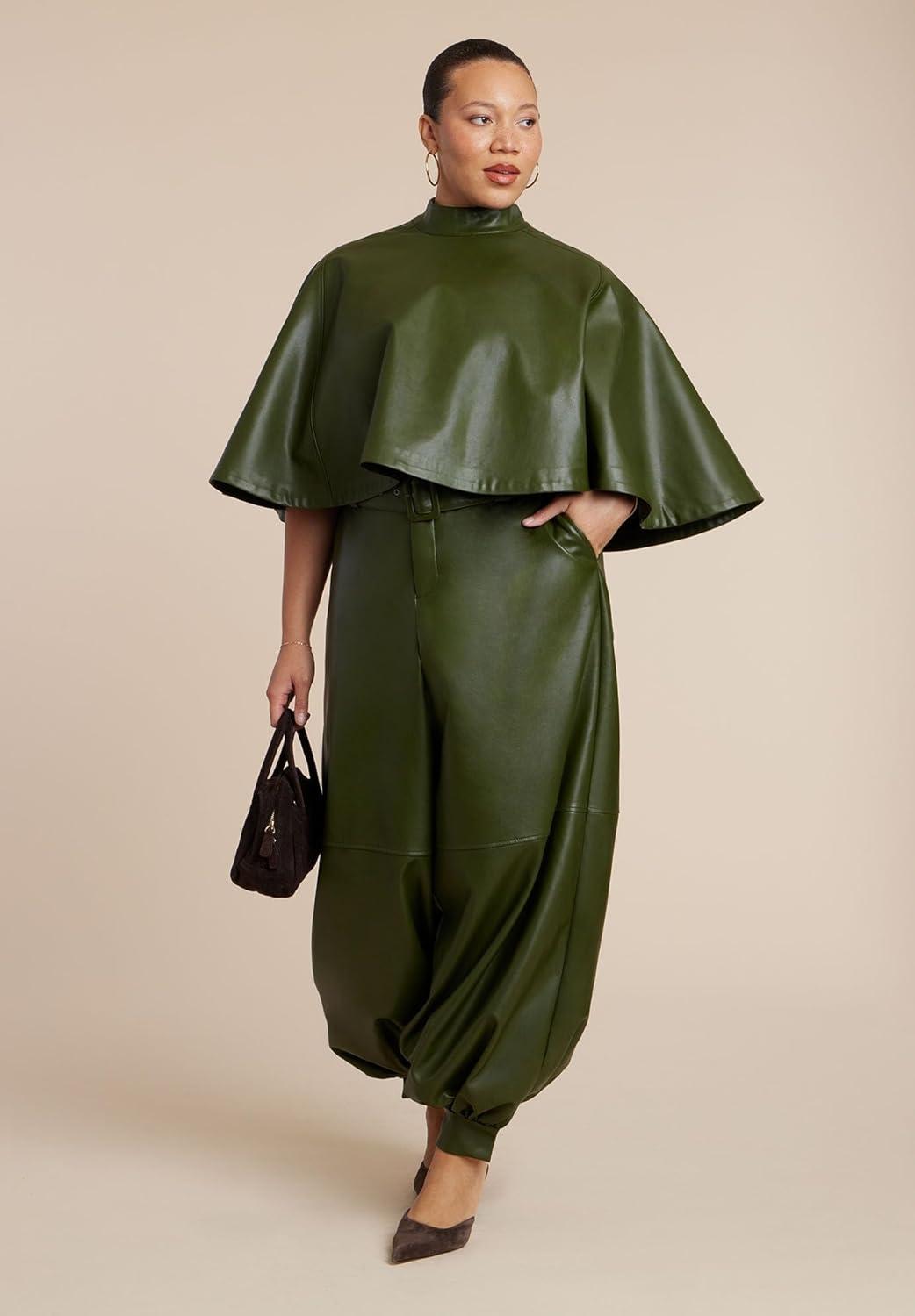 imageELOQUII Womens Plus Size Faux Leather Cape TopDark Forest Green