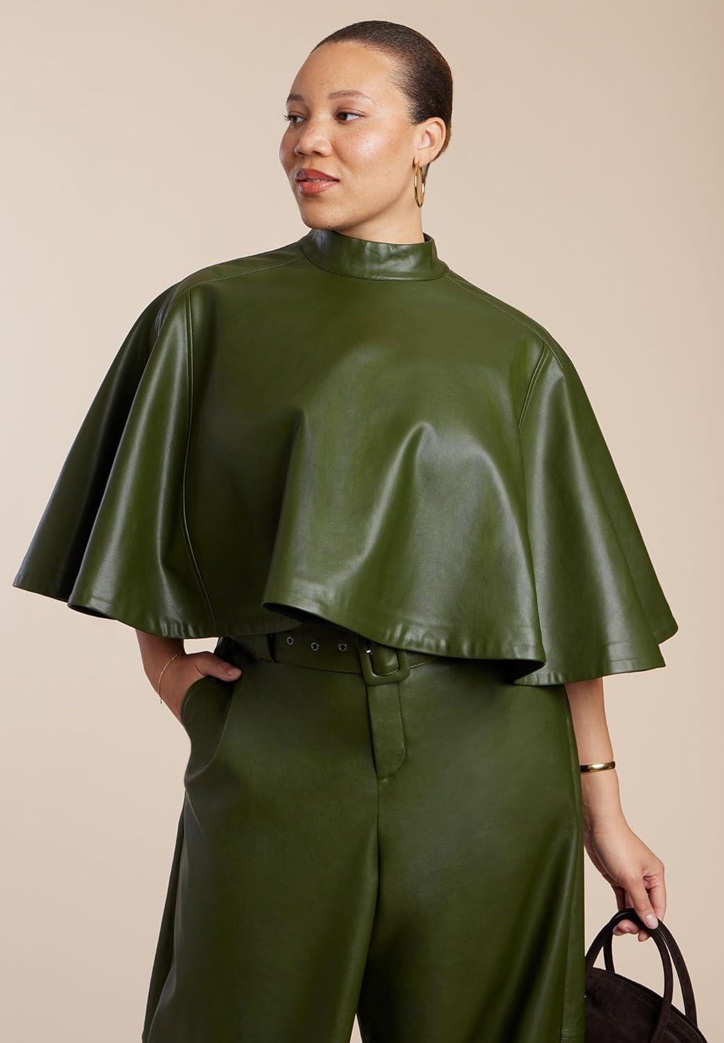 imageELOQUII Womens Plus Size Faux Leather Cape TopDark Forest Green