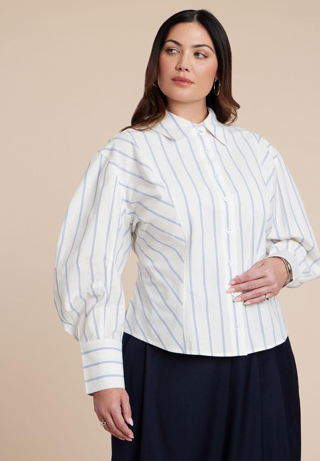 imageELOQUII Womens Plus Size Oversized Sleeve TopBlue Pinstripe