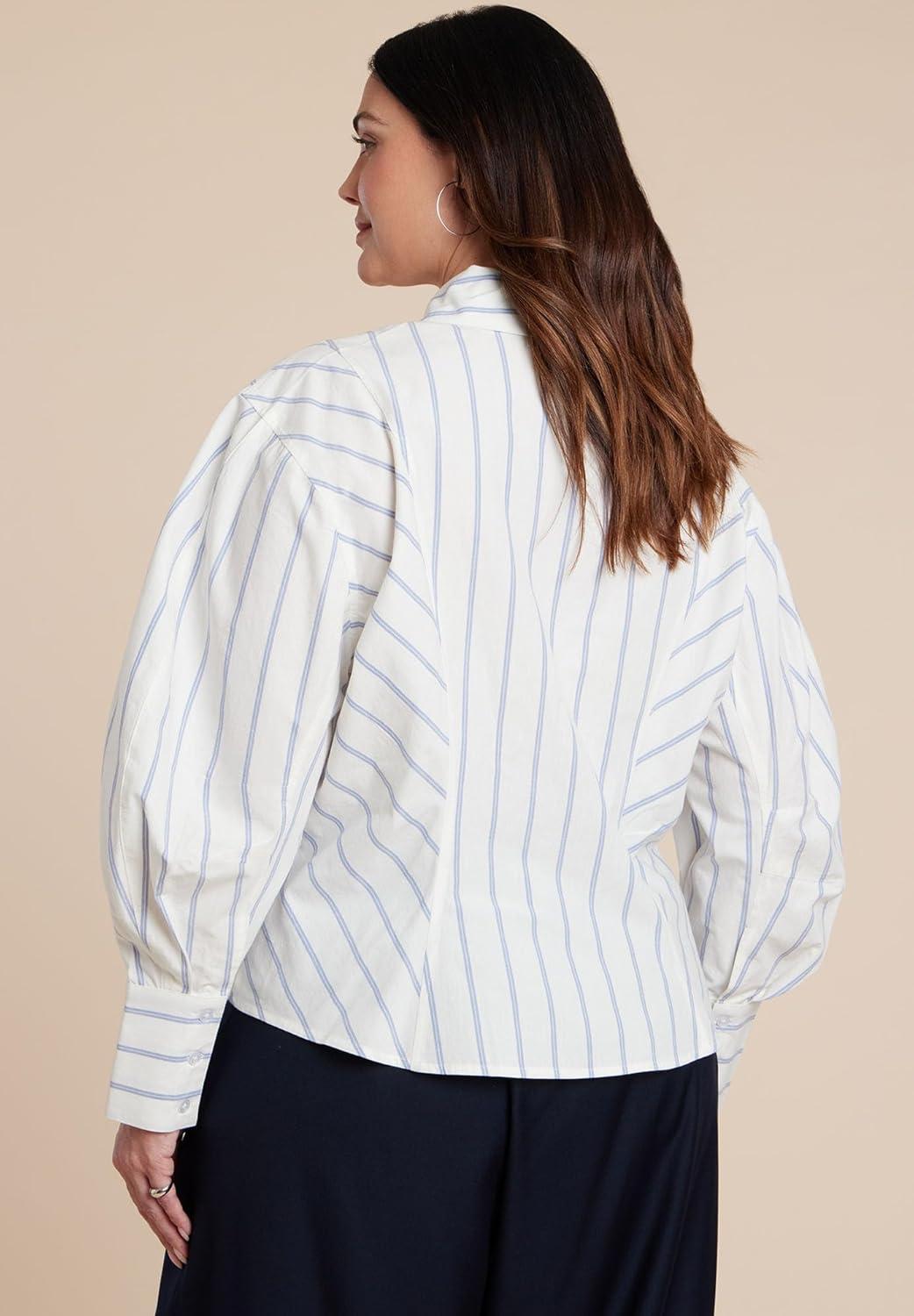 imageELOQUII Womens Plus Size Oversized Sleeve TopBlue Pinstripe