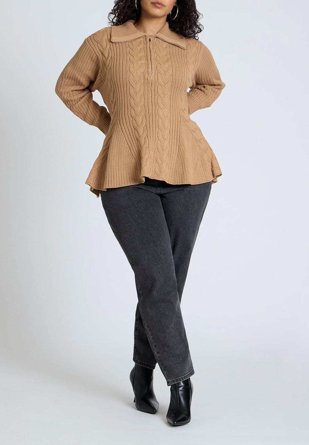 imageELOQUII Womens Plus Size Peplum Zipper SweaterCartouche