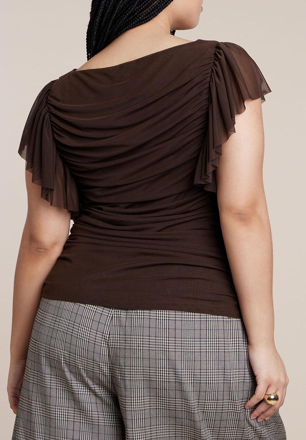 imageELOQUII Womens Plus Size Shirred Mesh Top with Shoulder FlouncesChicory Coffee
