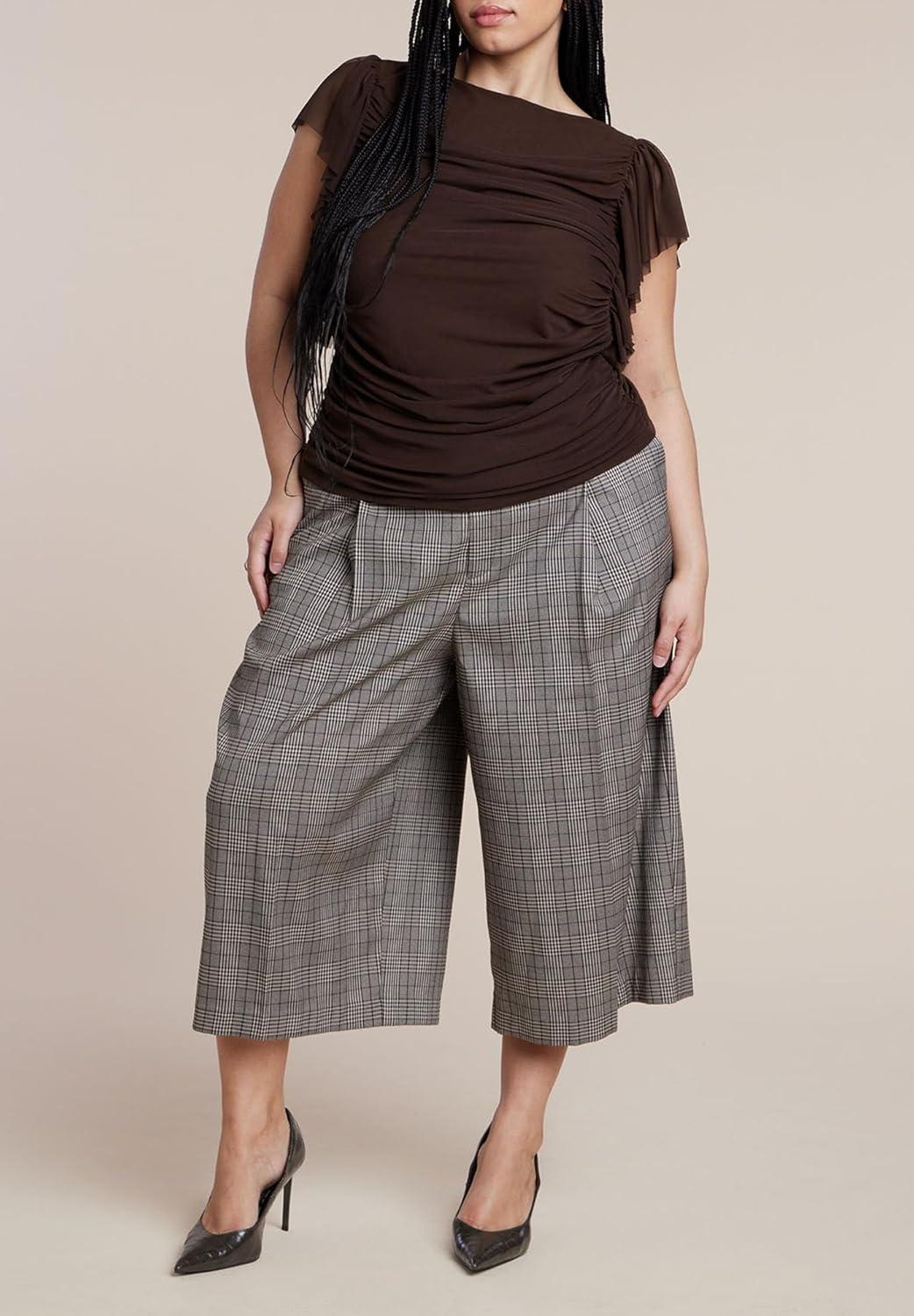 imageELOQUII Womens Plus Size Shirred Mesh Top with Shoulder FlouncesChicory Coffee
