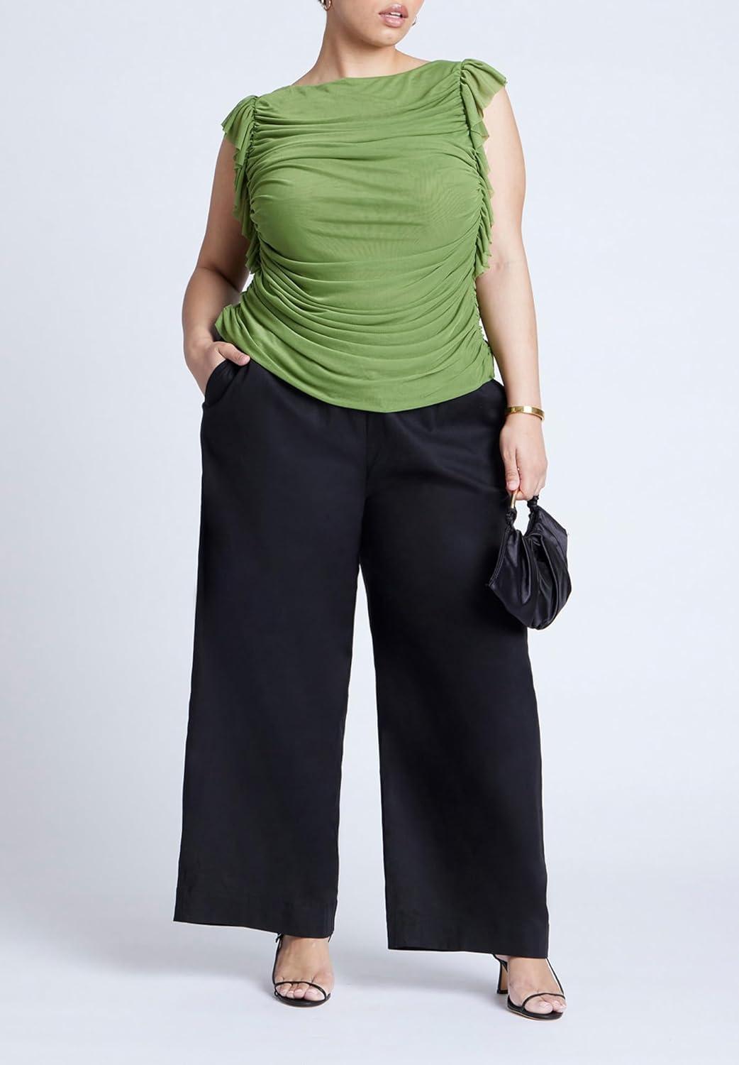 imageELOQUII Womens Plus Size Shirred Mesh Top with Shoulder FlouncesOasis