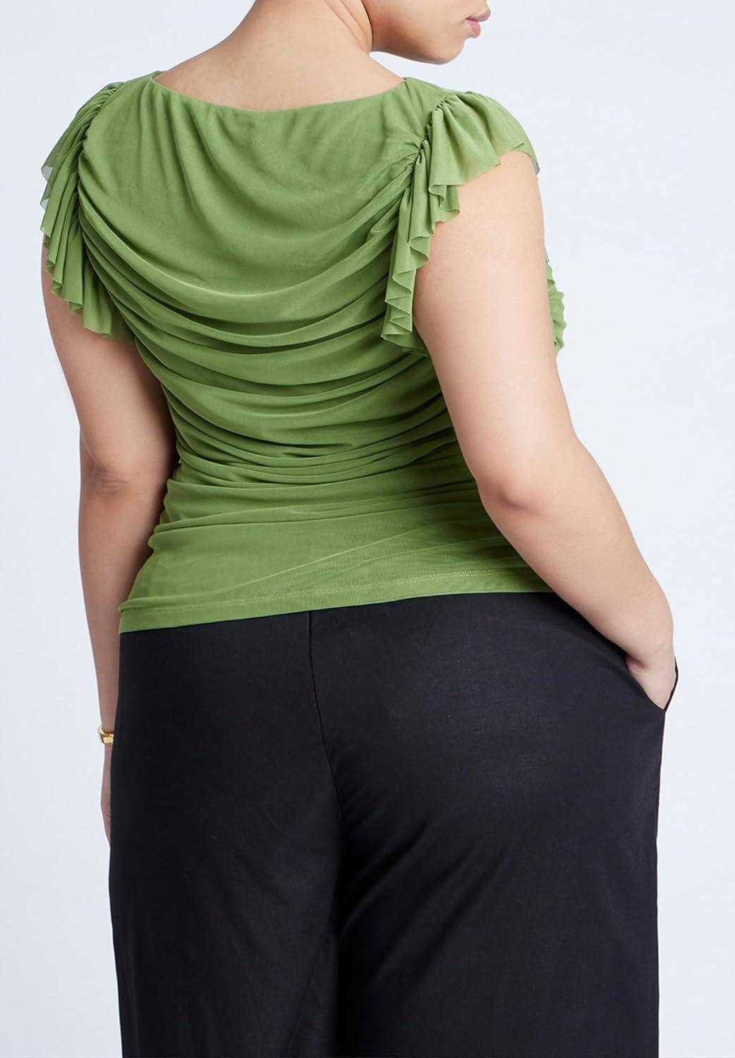 imageELOQUII Womens Plus Size Shirred Mesh Top with Shoulder FlouncesOasis