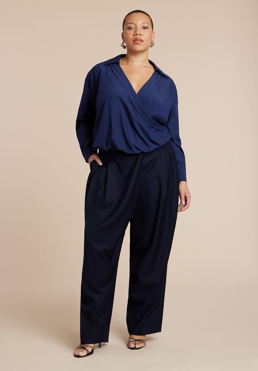 imageELOQUII Womens Plus Size Surplice Collared TopNavy Blazer