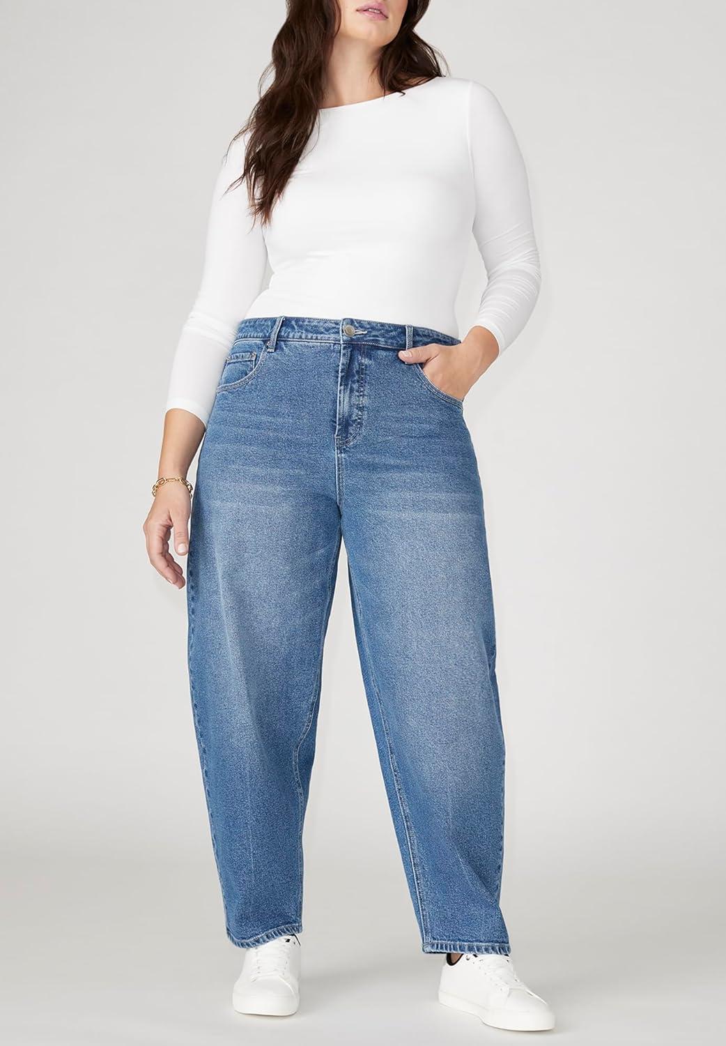 imageELOQUII Womens Plus Size The Barrel Leg JeanMedium Wash