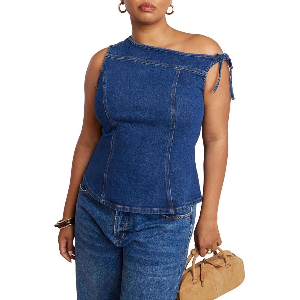 imageELOQUII Womens Plus Size Asym Denim TopMedium Wash