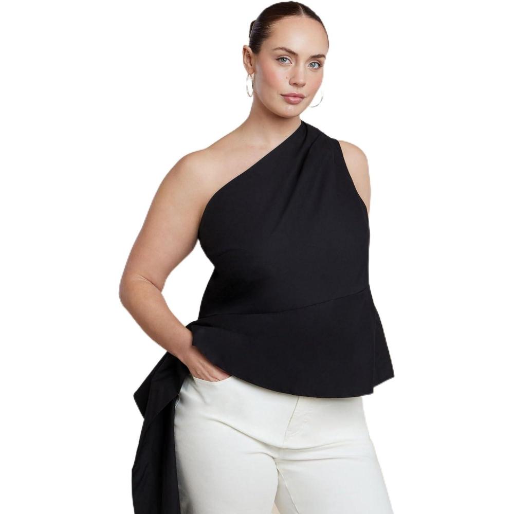 imageELOQUII Womens Plus Size Asymmetrical Top with FlounceBlack Onyx