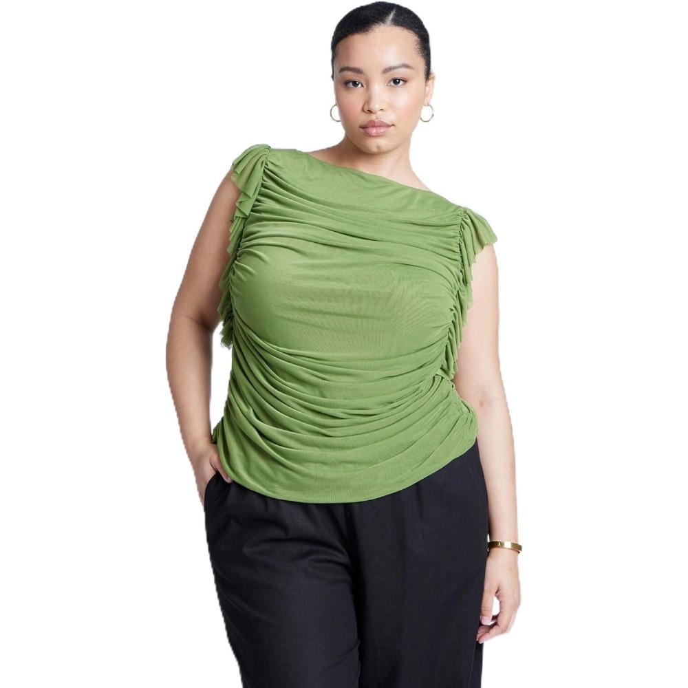 imageELOQUII Womens Plus Size Shirred Mesh Top with Shoulder FlouncesOasis
