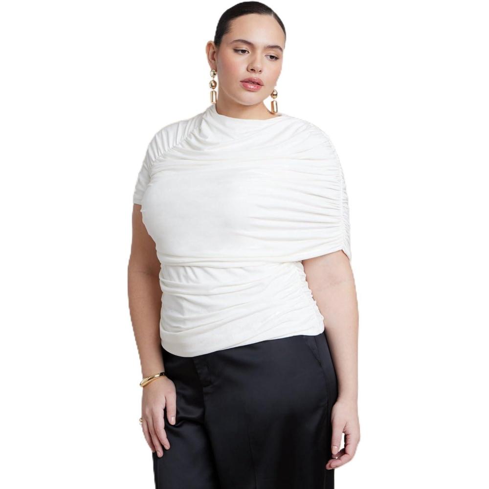 imageELOQUII Womens Plus Size Sleeve Overlay Draped TopTofu