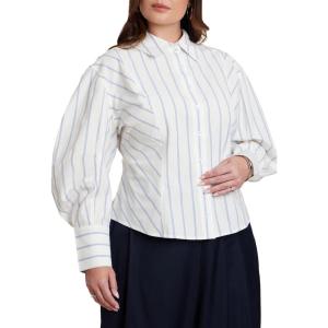 ELOQUII Women’s Plus Size Oversized Sleeve Top(Blue Pinstripe)