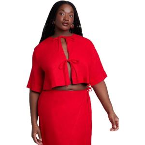 ELOQUII Women’s Plus Size Relaxed Tie Front Linen Top(Red)