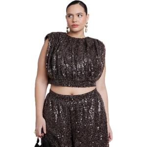 ELOQUII Women’s Plus Size Sequin Strong Shoulder Top(Dark Brown)