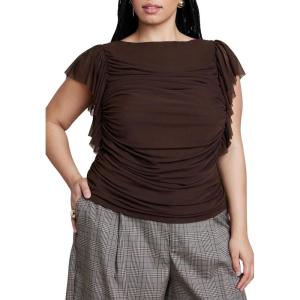ELOQUII Women’s Plus Size Shirred Mesh Top with Shoulder Flounces(Chicory Coffee)