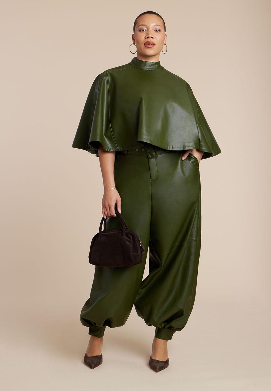 imageELOQUII Womens Plus Size Belted Faux Leather Balloon PantDark Forest Green