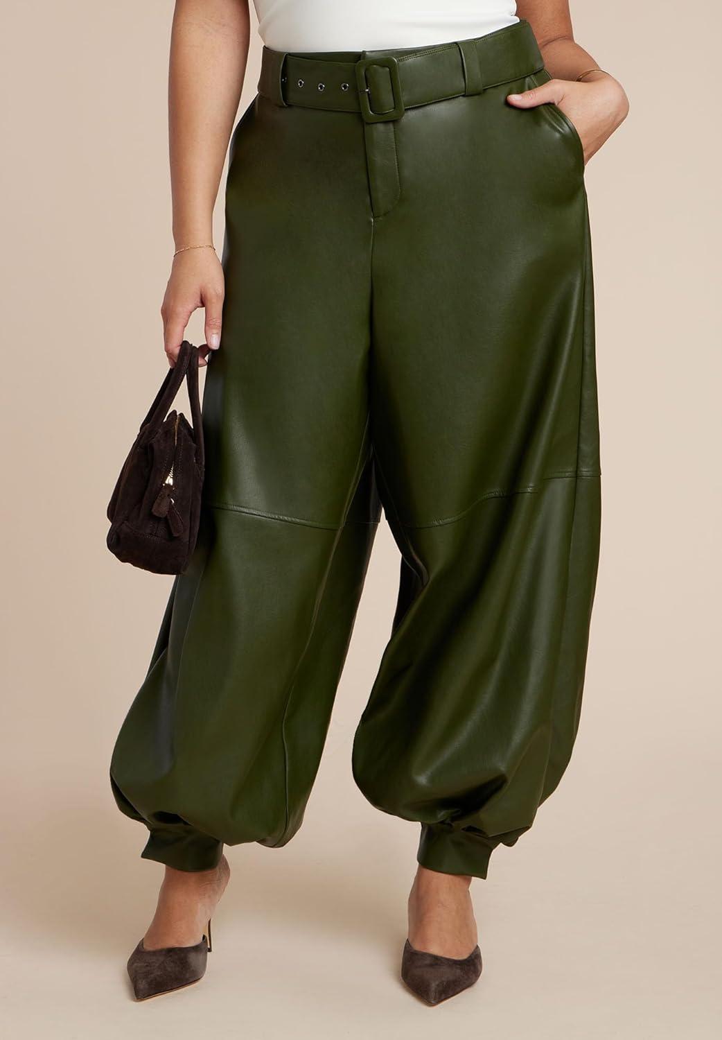 imageELOQUII Womens Plus Size Belted Faux Leather Balloon PantDark Forest Green