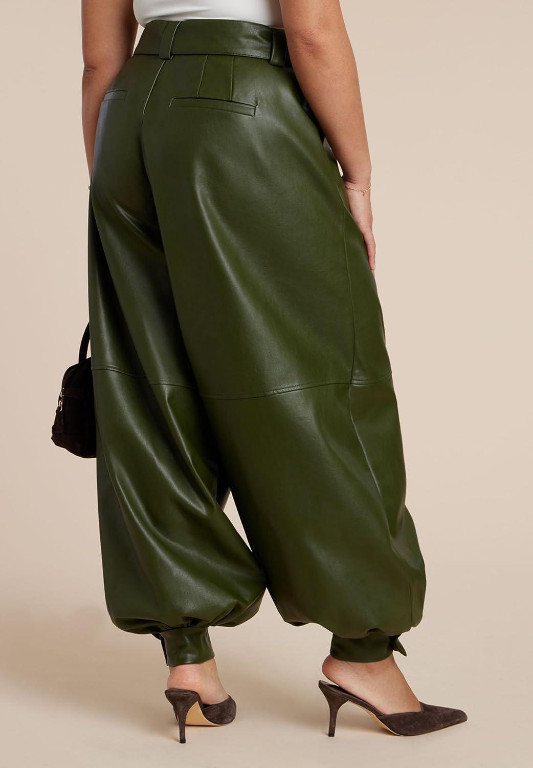 imageELOQUII Womens Plus Size Belted Faux Leather Balloon PantDark Forest Green