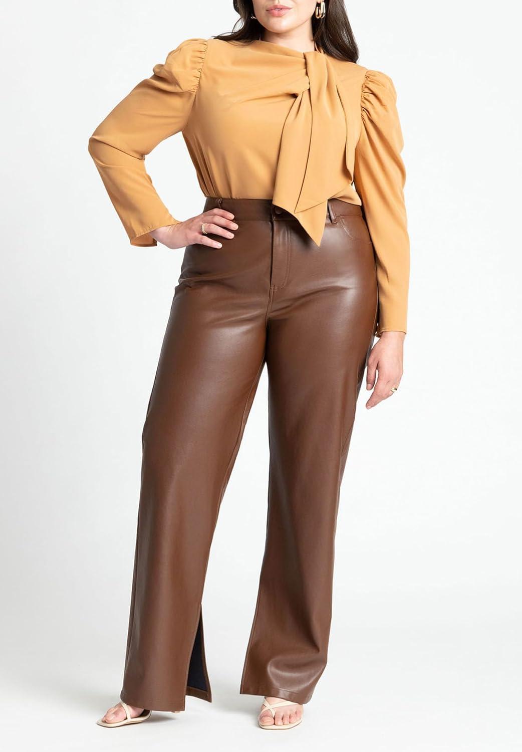 imageELOQUII Womens Plus Size Slit Hem Faux Leather PantBlack Onyx
