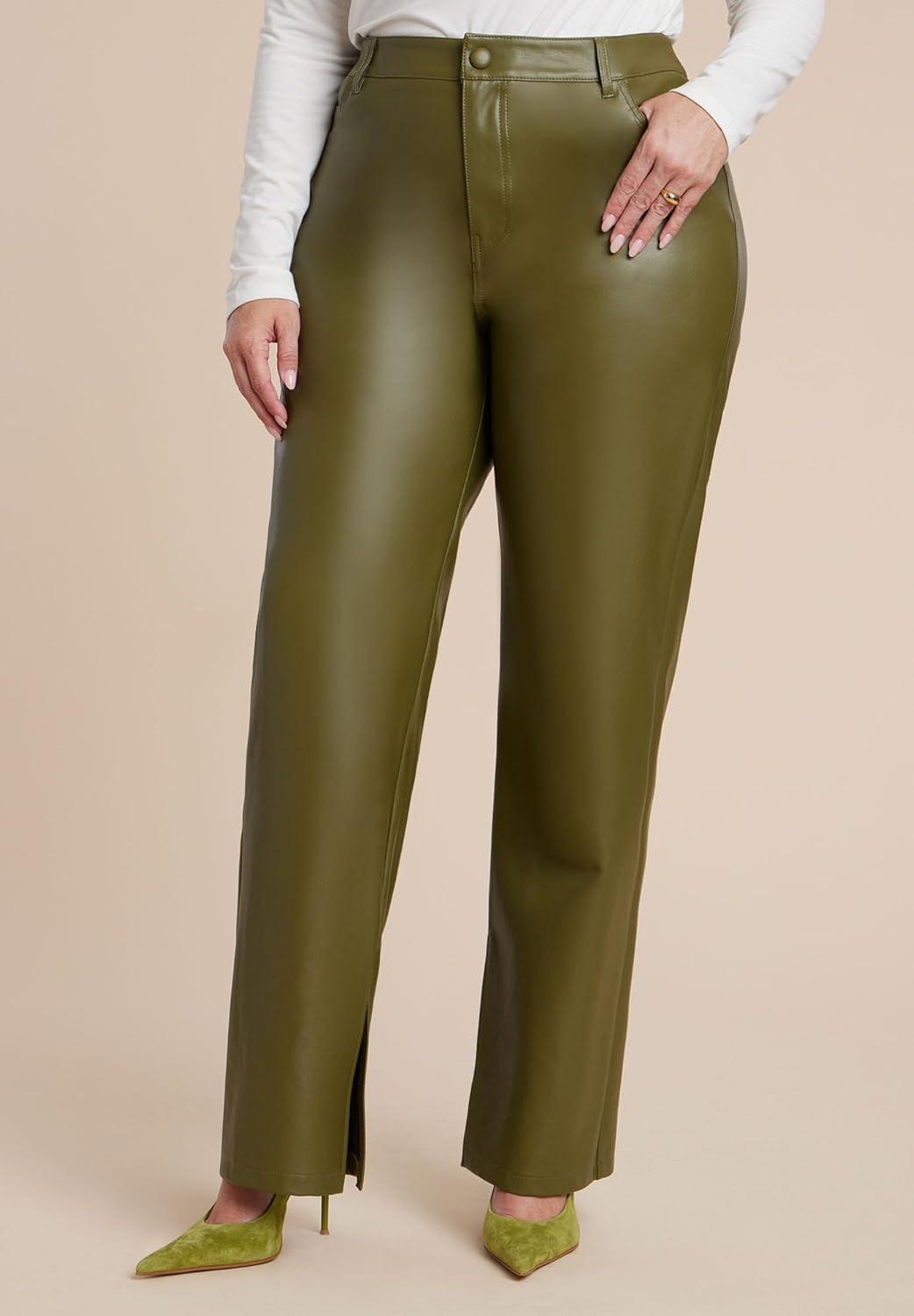 imageELOQUII Womens Plus Size Slit Hem Faux Leather PantBurnt Olive