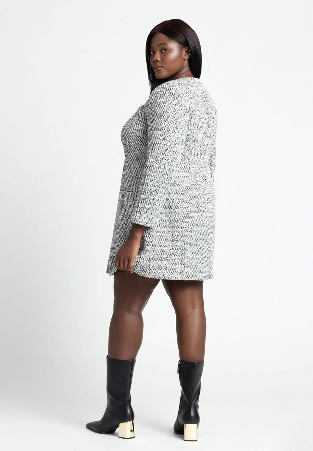 imageELOQUII Womens Plus Size Tweed Long Sleeve Mini DressBlack White