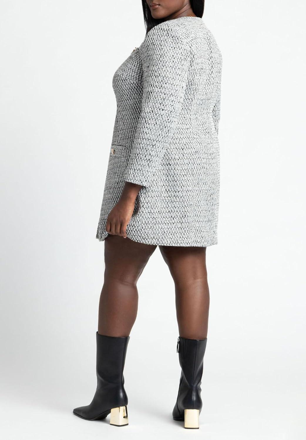 imageELOQUII Womens Plus Size Tweed Long Sleeve Mini DressBlack White