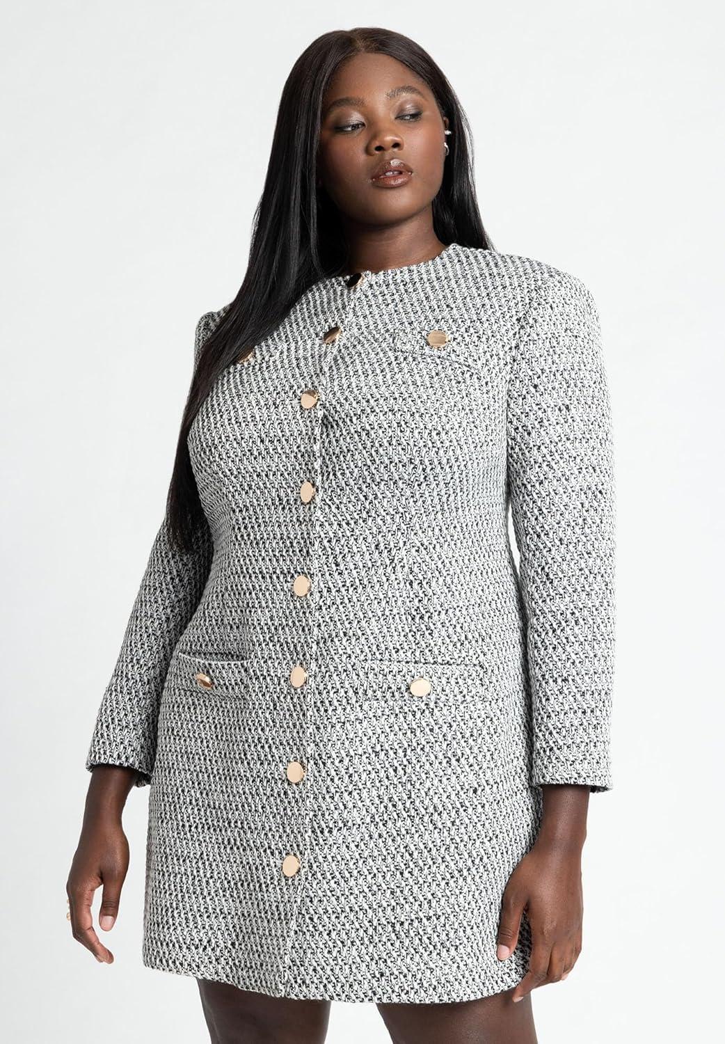 imageELOQUII Womens Plus Size Tweed Long Sleeve Mini DressBlack White