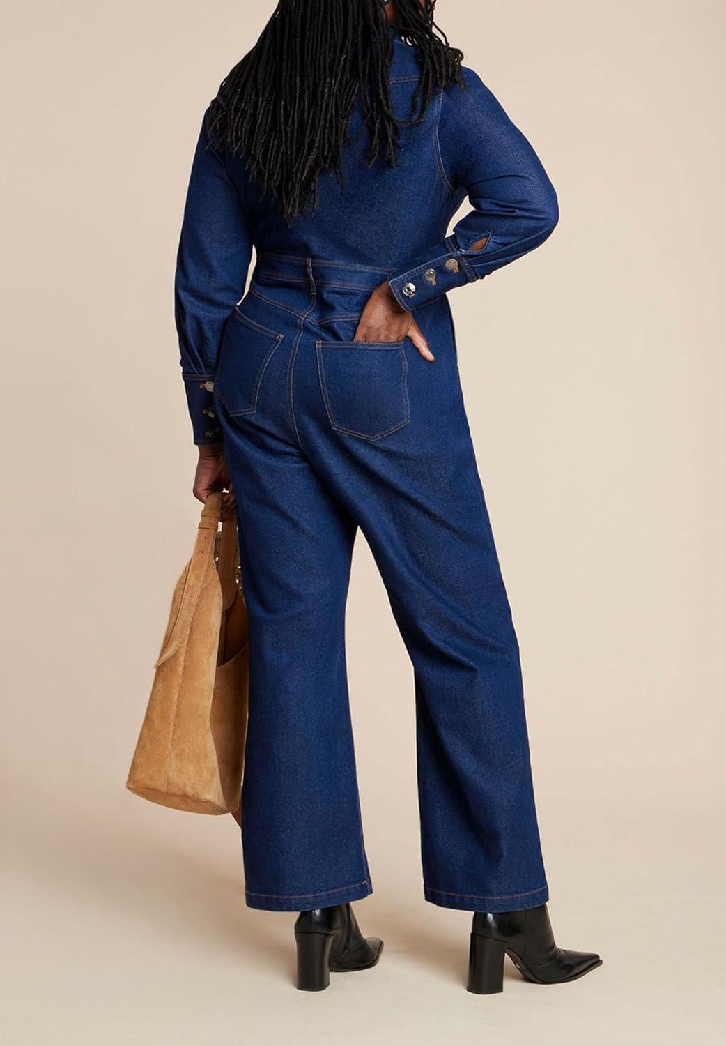 imageELOQUII Womens Plus Size Western Detail Denim JumpsuitDark Wash