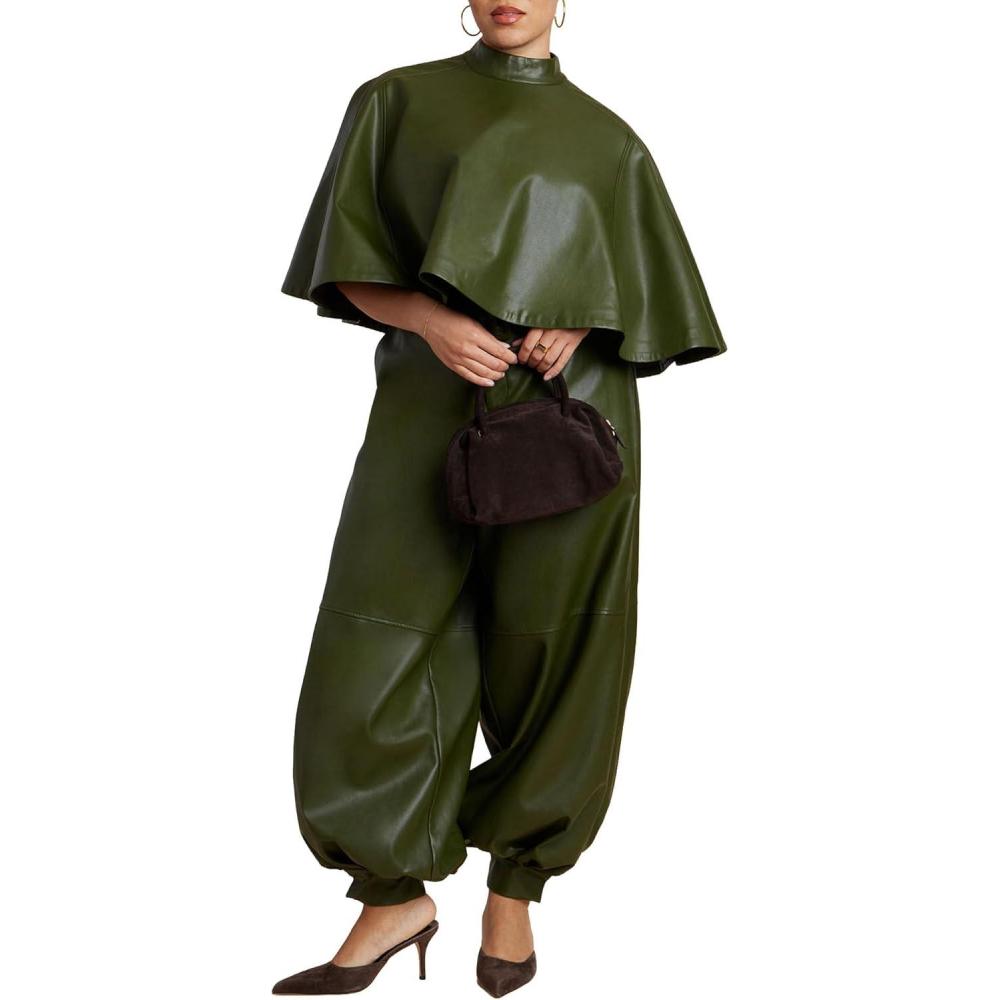imageELOQUII Womens Plus Size Belted Faux Leather Balloon PantDark Forest Green