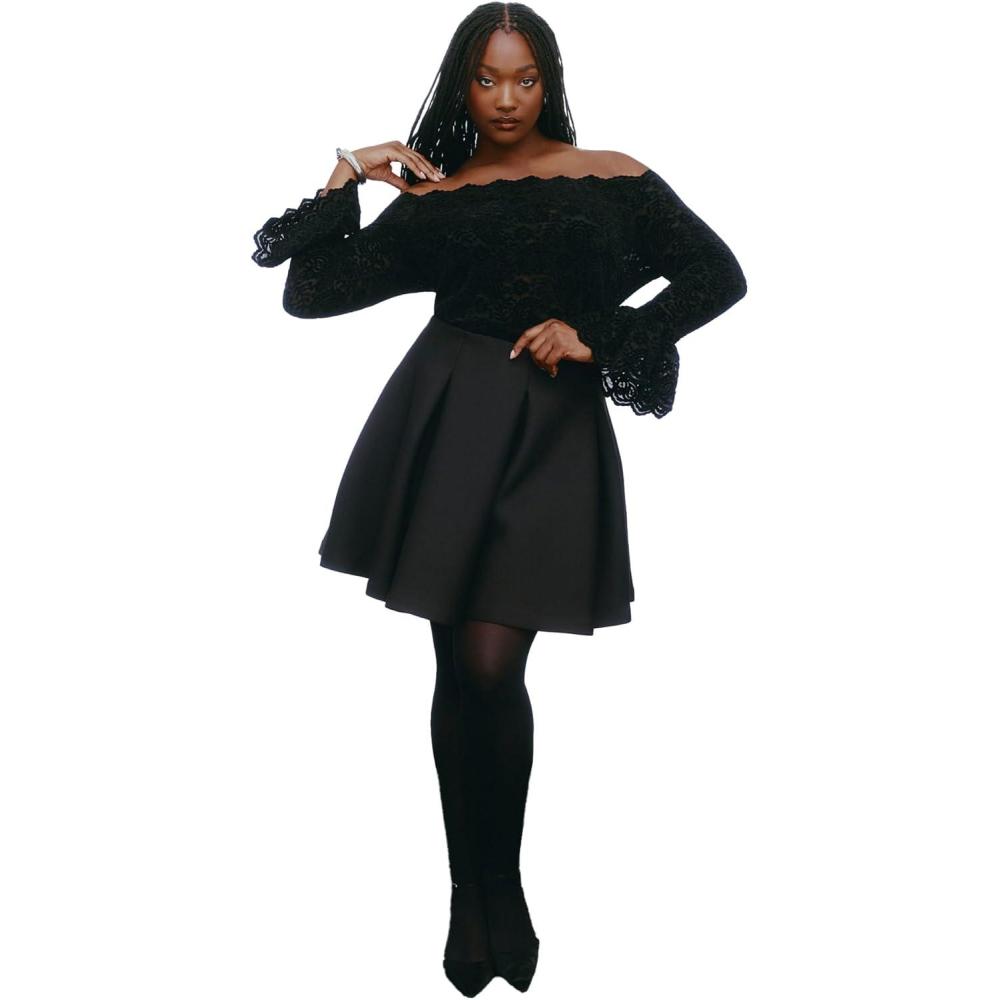 imageELOQUII Womens Plus Size Flouncy Pleated Mini SkirtBlack Onyx