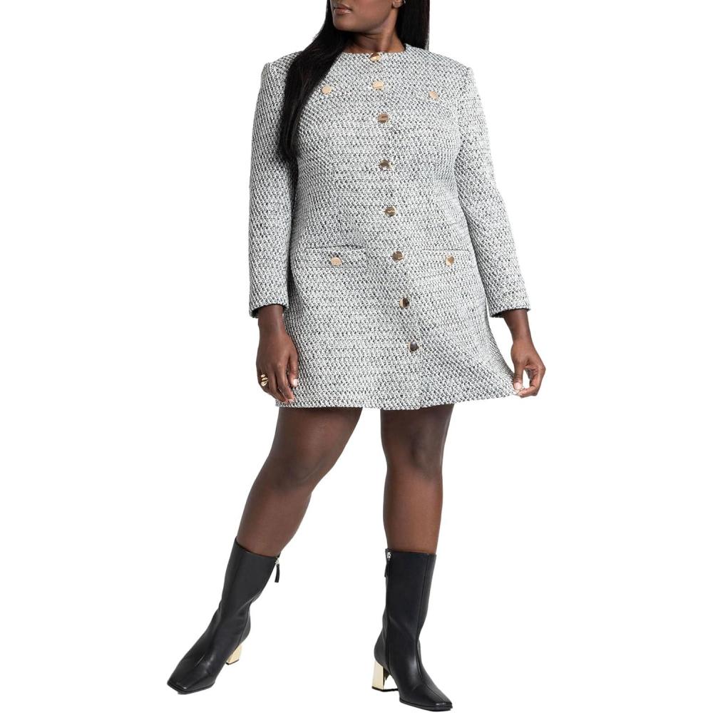 imageELOQUII Womens Plus Size Tweed Long Sleeve Mini DressBlack White
